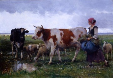 Paysanne avec des vaches et des moutons à la ferme Réalisme Julien Dupre Peinture à l'huile